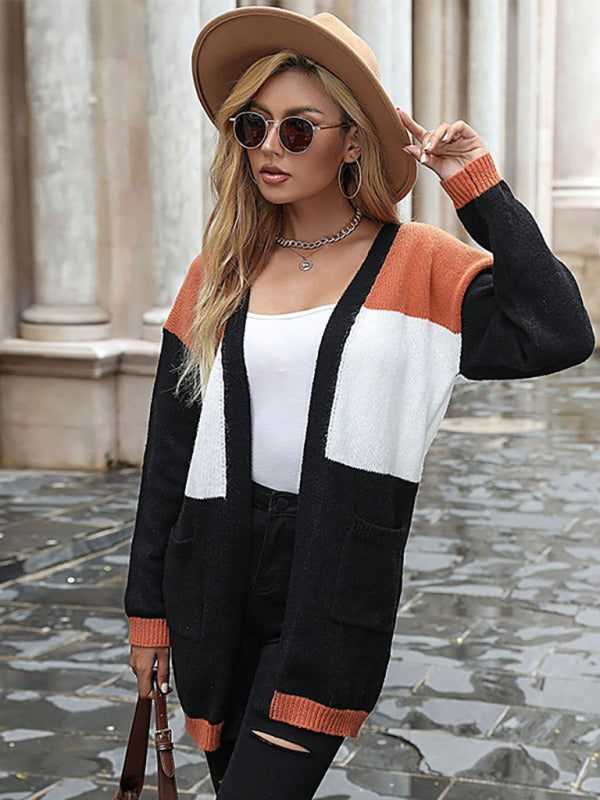 Women's fashion long sleeve color blocking sweater cardigan