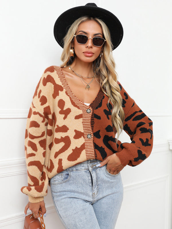 Single Breasted Street Panel Leopard Print Oversized Knit Cardigan Sweater