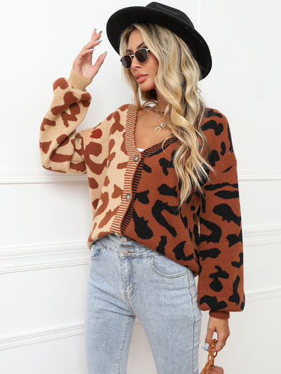 Single Breasted Street Panel Leopard Print Oversized Knit Cardigan Sweater