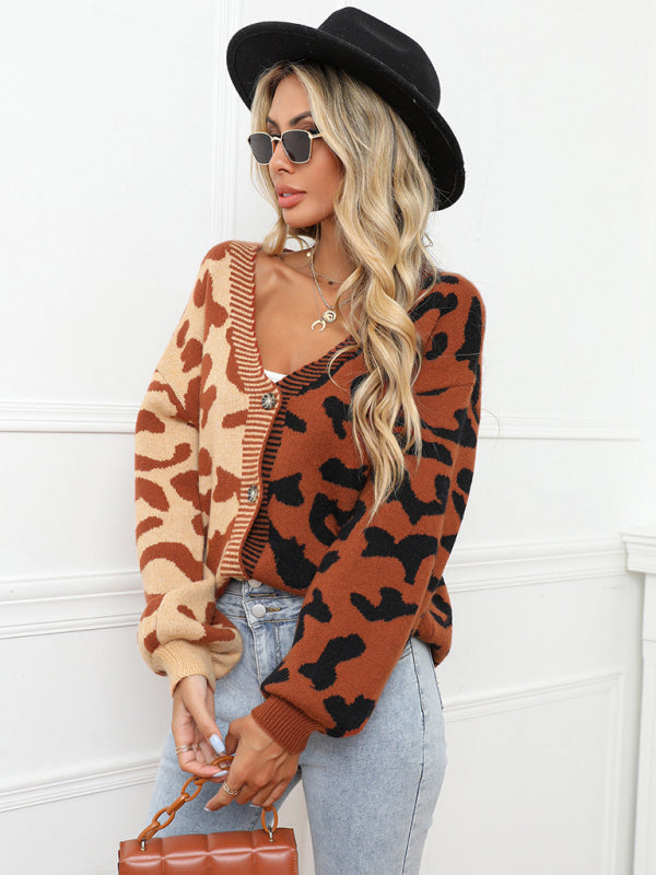 Single Breasted Street Panel Leopard Print Oversized Knit Cardigan Sweater