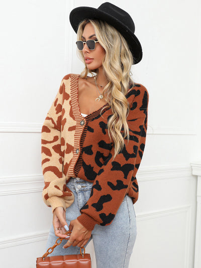 Single Breasted Street Panel Leopard Print Oversized Knit Cardigan Sweater