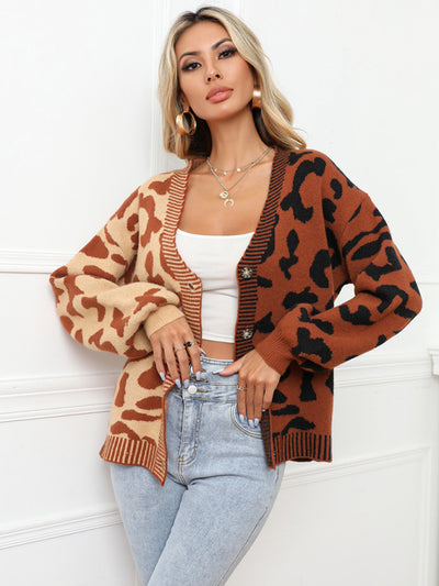 Single Breasted Street Panel Leopard Print Oversized Knit Cardigan Sweater