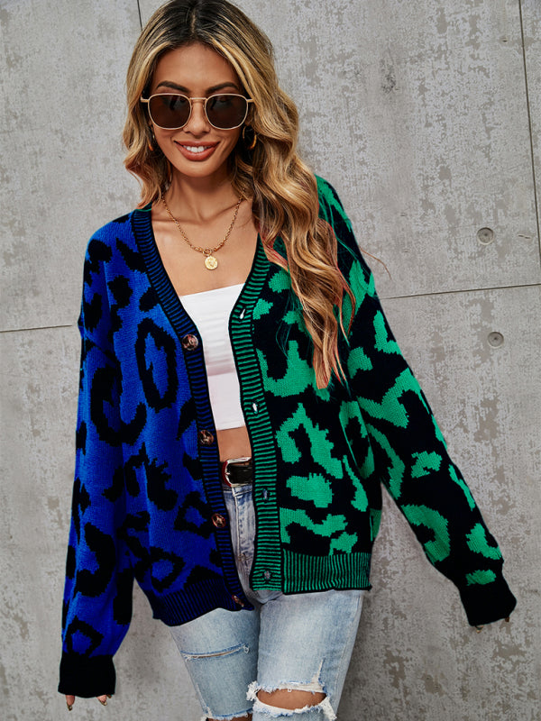 Single Breasted Street Panel Leopard Print Oversized Knit Cardigan Sweater