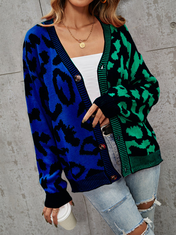 Single Breasted Street Panel Leopard Print Oversized Knit Cardigan Sweater