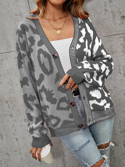 Single Breasted Street Panel Leopard Print Oversized Knit Cardigan Sweater