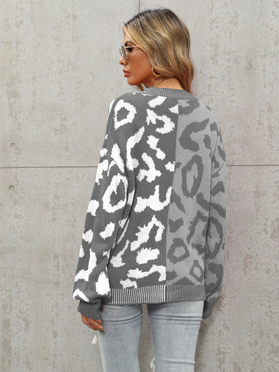 Single Breasted Street Panel Leopard Print Oversized Knit Cardigan Sweater