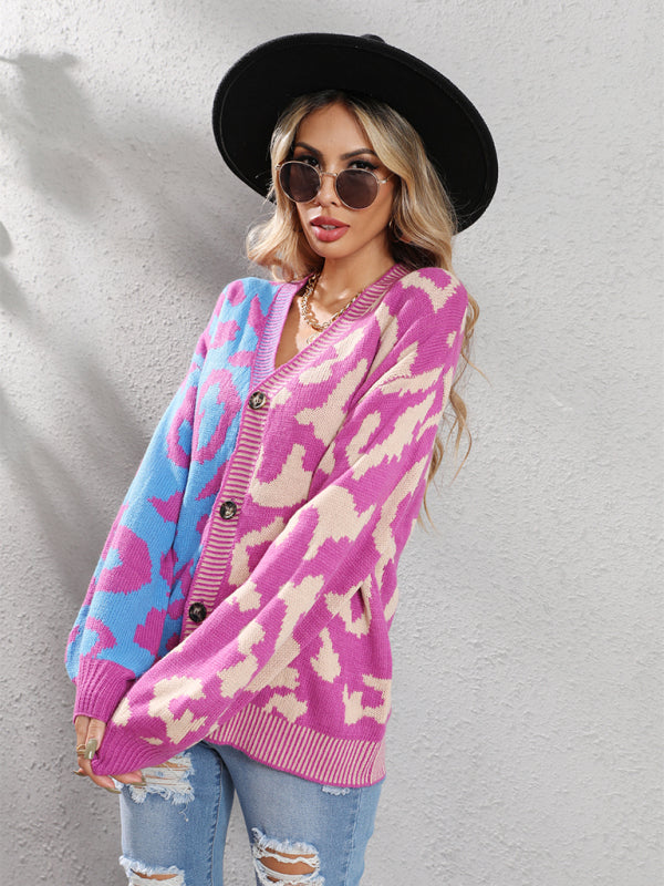 Single Breasted Street Panel Leopard Print Oversized Knit Cardigan Sweater