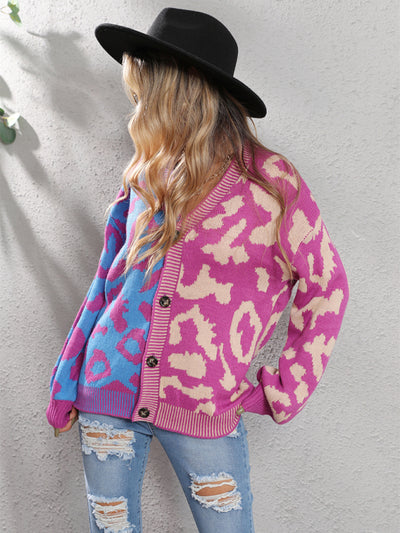 Single Breasted Street Panel Leopard Print Oversized Knit Cardigan Sweater