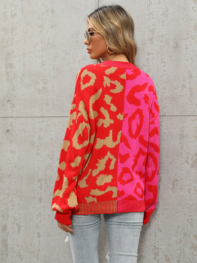 Single Breasted Street Panel Leopard Print Oversized Knit Cardigan Sweater