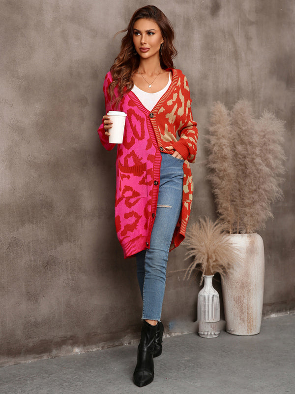 Women's mid-length leopard print stitching sweater knitted cardigan coat