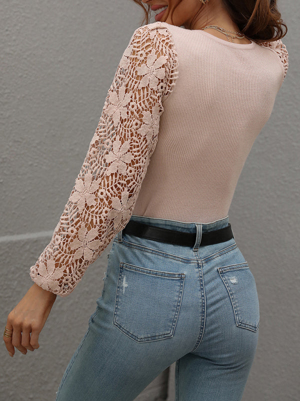 Women Floral Lace Sleeve Knit Top