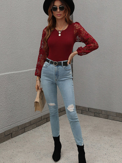 Women Floral Lace Sleeve Knit Top