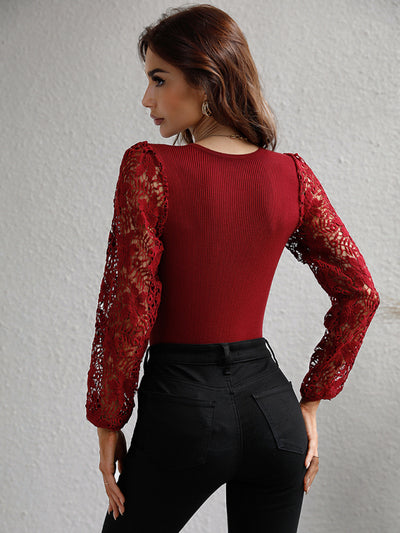 Women Floral Lace Sleeve Knit Top