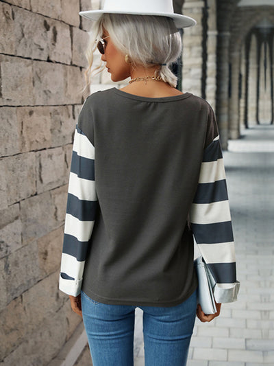 Women Stripe and Leopard Print Knit Top