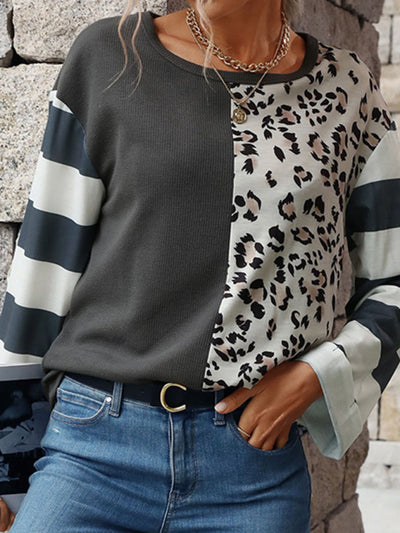 Women Stripe and Leopard Print Knit Top