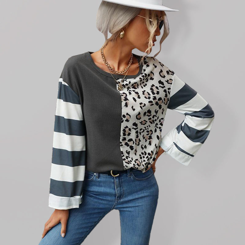 Women Stripe and Leopard Print Knit Top