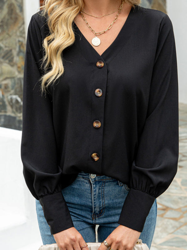 Ladies Long Sleeve Deep V Button Chiffon Shirt