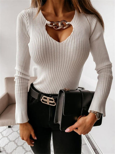 Chain decoration sexy long-sleeved bottoming shirt sexy elegant top