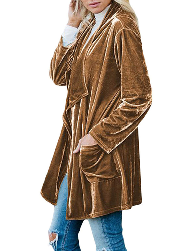 Women's casual gold velvet mid-length trench coat with large lapel