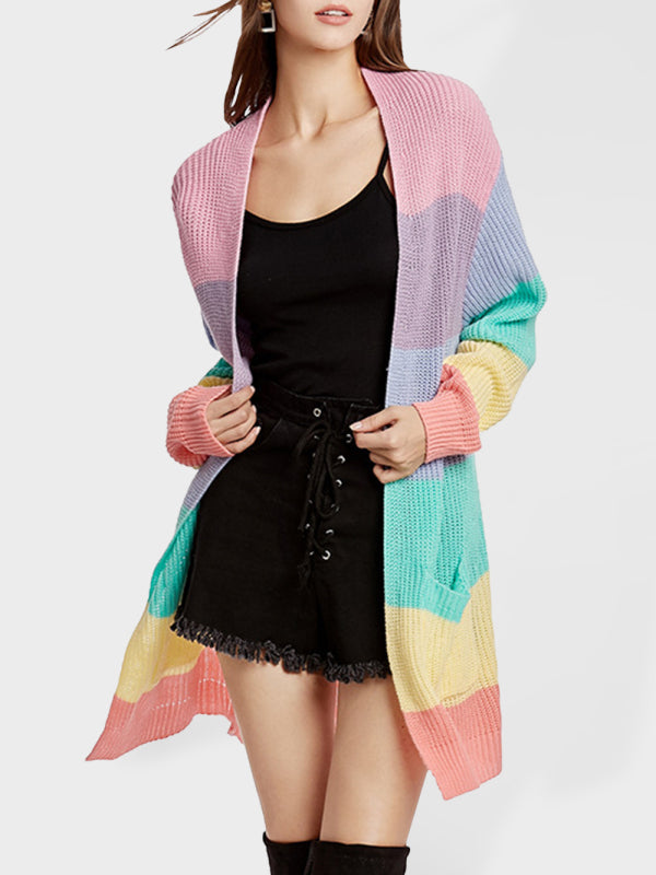 New Rainbow Color Loose Long Knit Cardigan Ladies Sweater Jacket