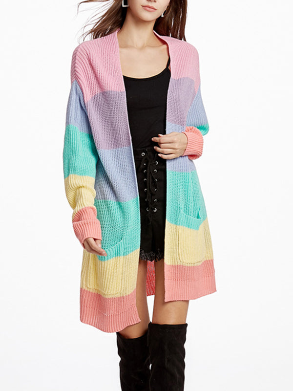 New Rainbow Color Loose Long Knit Cardigan Ladies Sweater Jacket