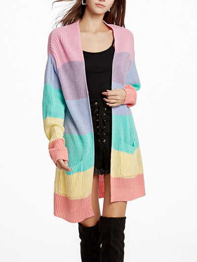 New Rainbow Color Loose Long Knit Cardigan Ladies Sweater Jacket