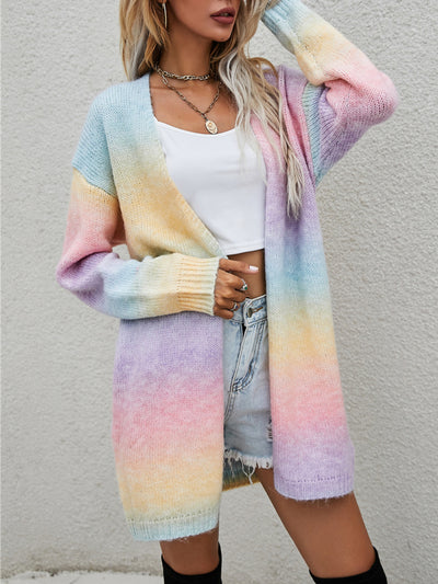 Sweater Rainbow Tie-Dye Mid-Length Oversized Cardigan Pocket Knit Jacket