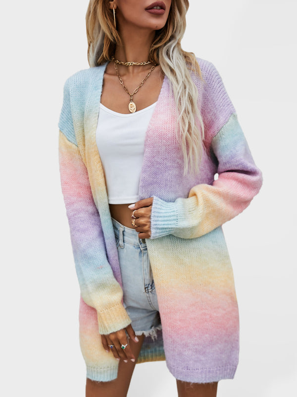 Sweater Rainbow Tie-Dye Mid-Length Oversized Cardigan Pocket Knit Jacket