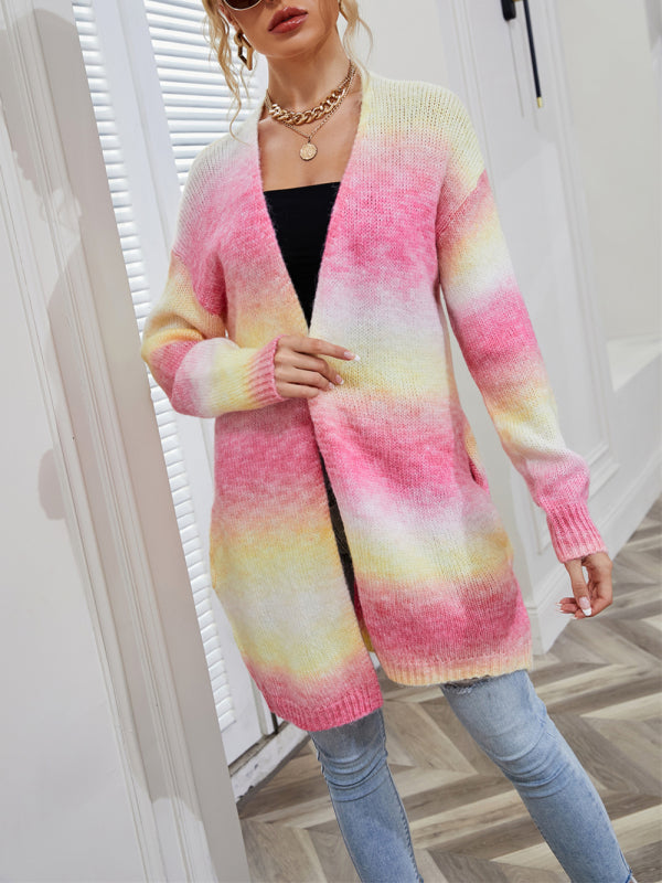 Sweater Rainbow Tie-Dye Mid-Length Oversized Cardigan Pocket Knit Jacket