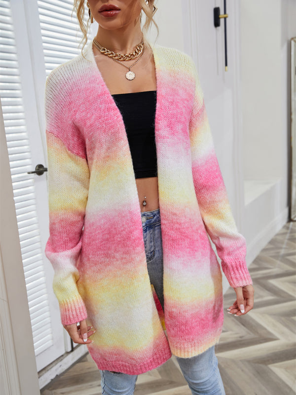 Sweater Rainbow Tie-Dye Mid-Length Oversized Cardigan Pocket Knit Jacket