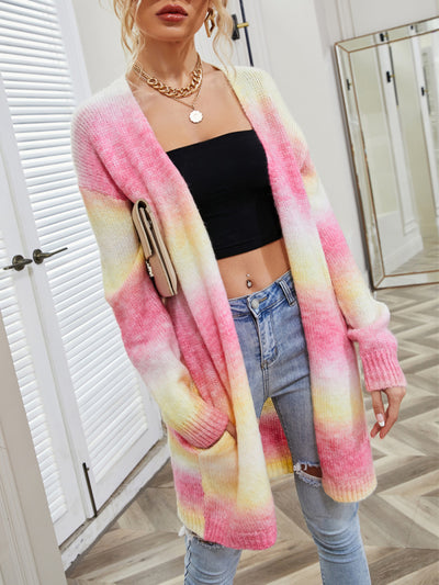 Sweater Rainbow Tie-Dye Mid-Length Oversized Cardigan Pocket Knit Jacket