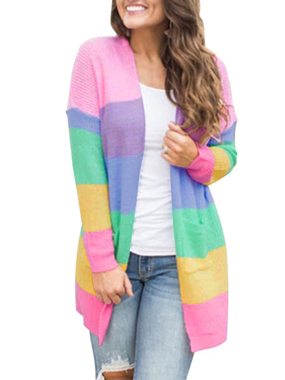 Sweater Loose Color Long Sleeve Contrasting Color Striped Knit Cardigan Jacket