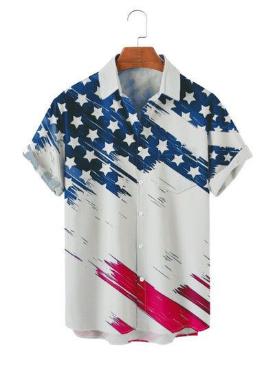 Men's Short Sleeve Loose Shirt American Flag Print Casual Lapel Clothing