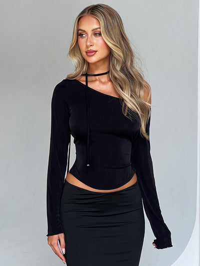 Slanted shoulder waist slit long sleeve slim hot girl T-shirt