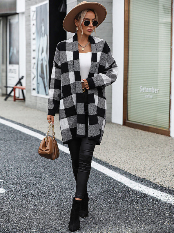 Women's Coat Loose Plaid Color Block Knit Cardigan Fashion Sweater