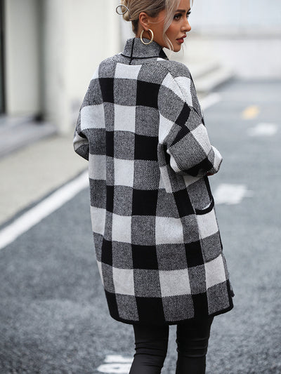 Women's Coat Loose Plaid Color Block Knit Cardigan Fashion Sweater