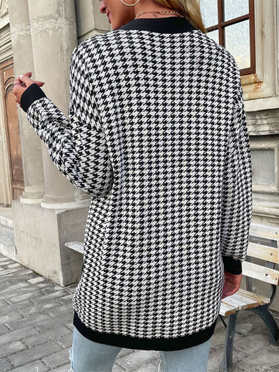 Women's Fashion Coat Long Sleeve Houndstooth Sweater Cardigan Mid Length