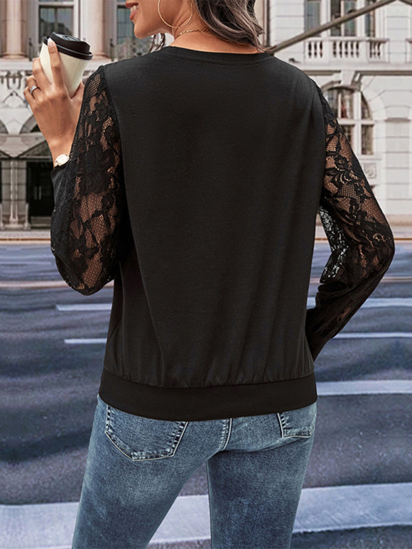 New women's lace stitching black long-sleeved sweater top