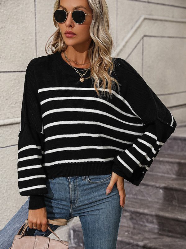 women's round neck knitted sweater loose pullover striped sweater