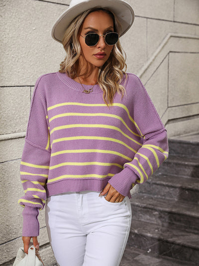 women's round neck knitted sweater loose pullover striped sweater