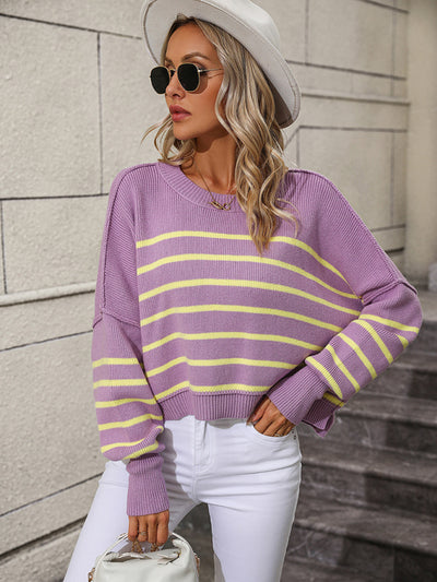 women's round neck knitted sweater loose pullover striped sweater