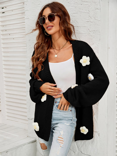 New long-sleeved floral cardigan lantern sleeves knitted sweater jacket