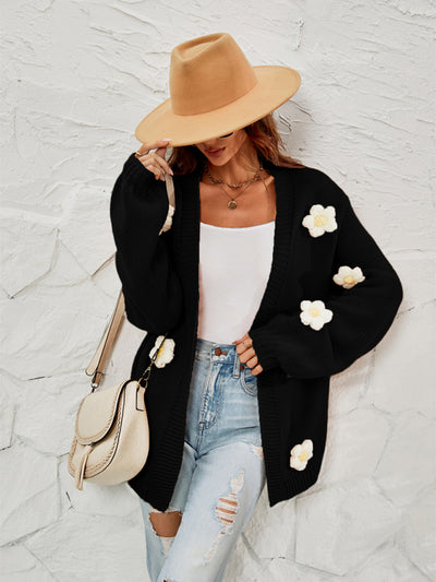 New long-sleeved floral cardigan lantern sleeves knitted sweater jacket