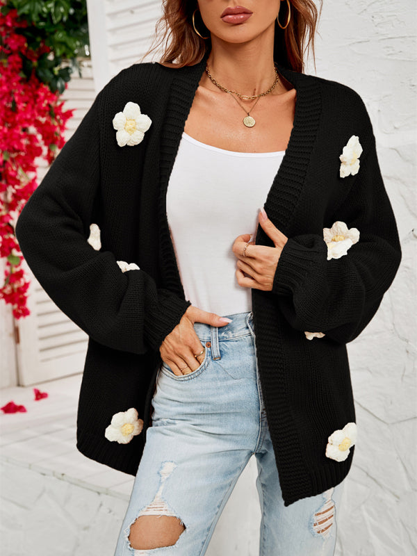 New long-sleeved floral cardigan lantern sleeves knitted sweater jacket