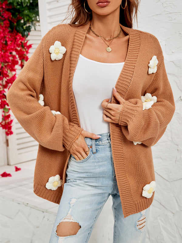 New long-sleeved floral cardigan lantern sleeves knitted sweater jacket