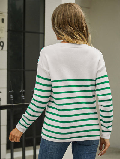 Pullover Button Sweater Stripe Stitching Fashion Knitwear