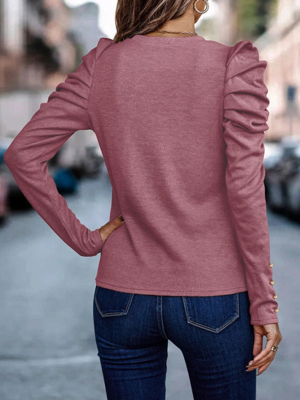 Cashmere Round Neck Slim Puff Sleeve Long Sleeve Top