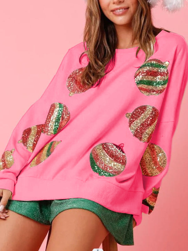 Sequin embroidered fashionable round neck long sleeve sequin patchwork Christmas sweatshirt