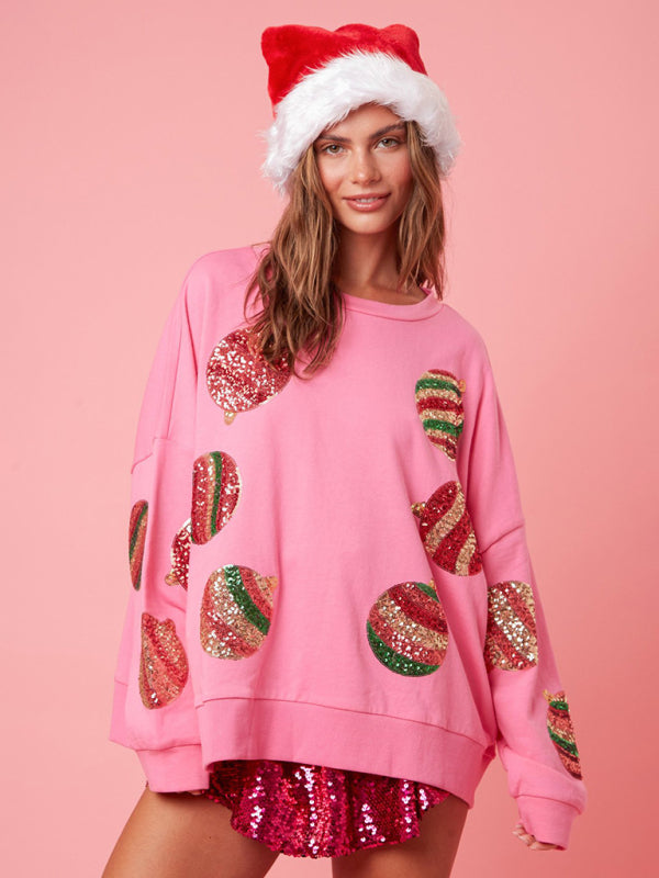 Sequin embroidered fashionable round neck long sleeve sequin patchwork Christmas sweatshirt