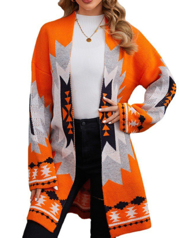 Fashionable women's long knitted cardigan Halloween jacquard contrast sweater